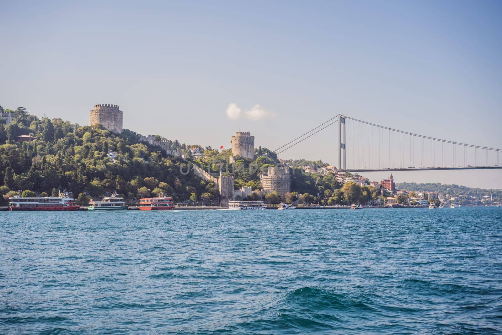 Turkey, Istanbul, houses below Fatih Sultan Mehmet Bridge on Bosphorus Strait by galitskaya