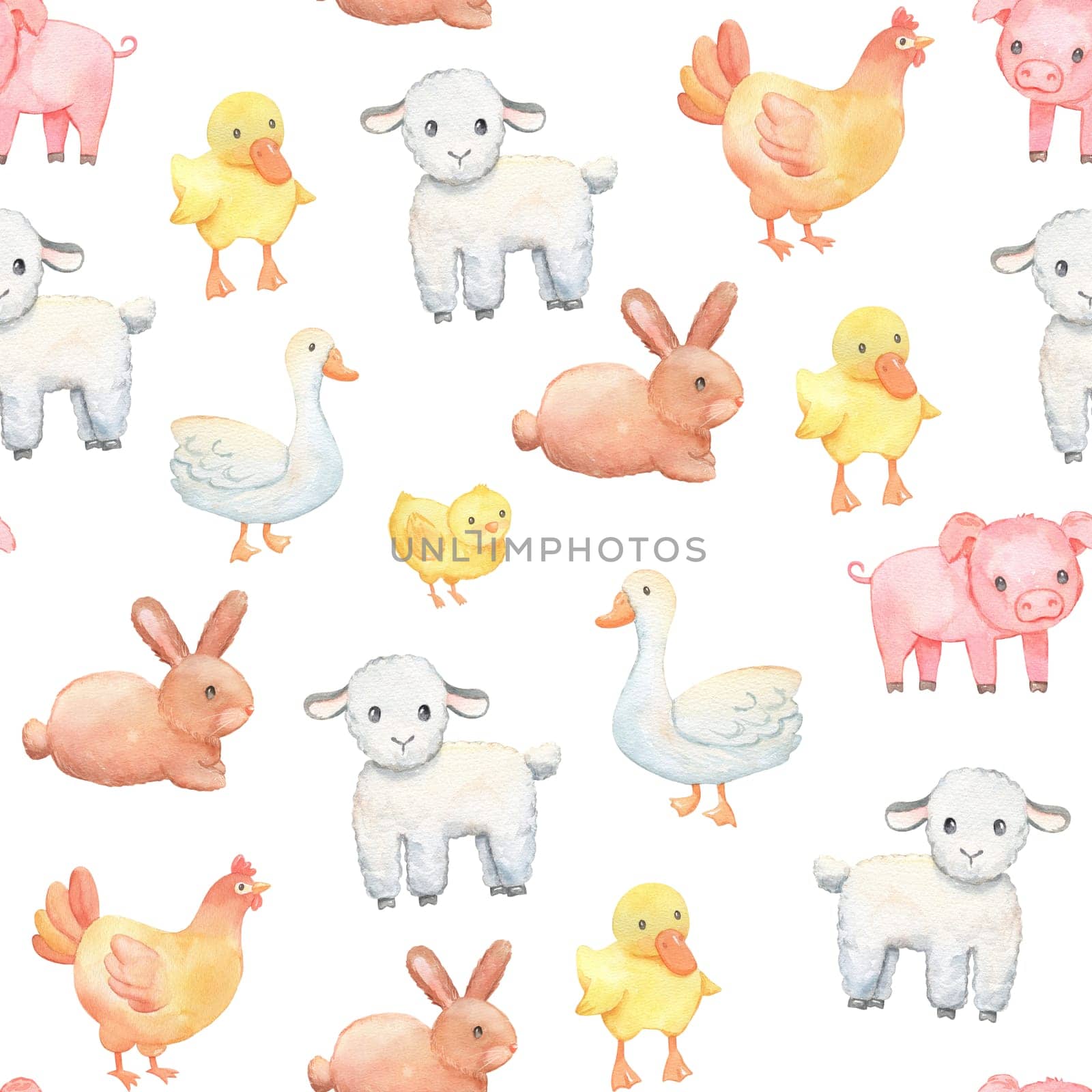 Watercolor seamless pattern with farm animals on white. Cute calf, chick and pig.