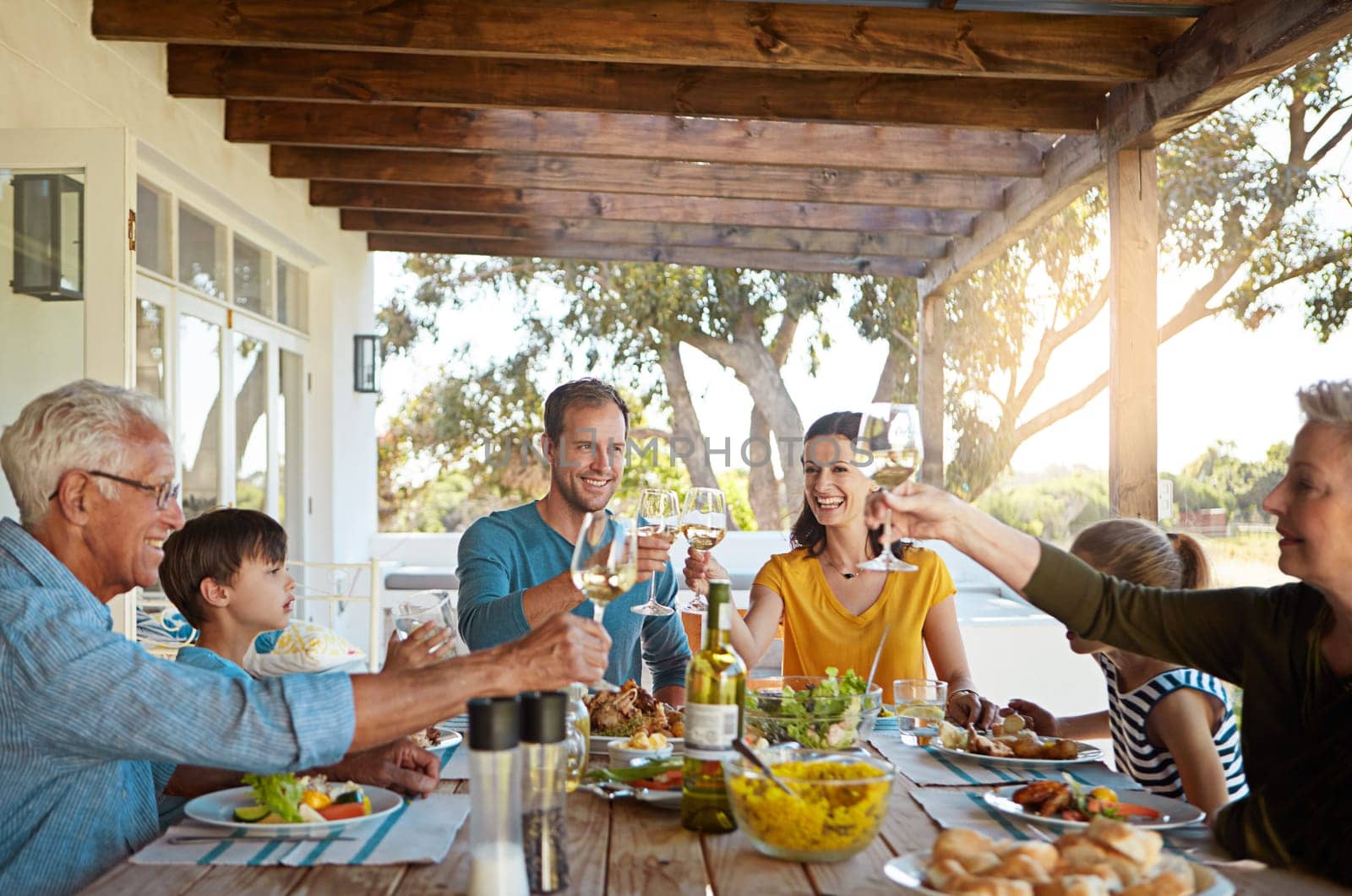 Family - celebrate the people and moments that matter. a happy family toasting with wine during a family lunch outdoors