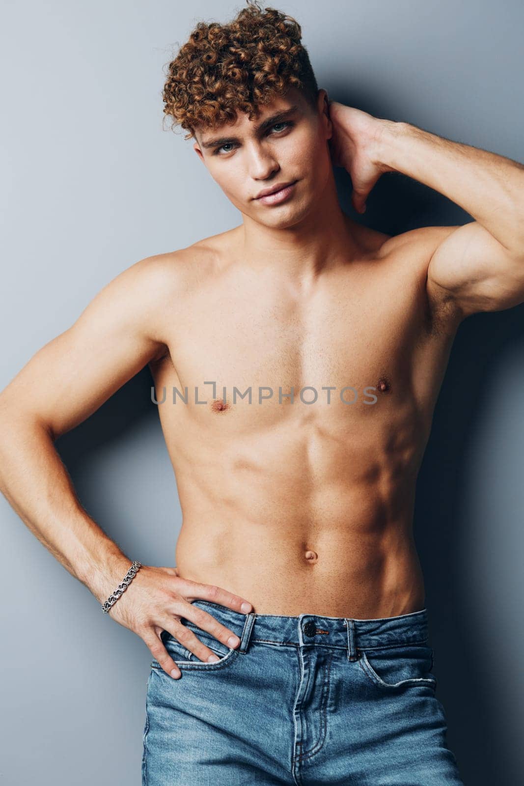 man sexy gray jeans chest athletic young male fashion muscular health guy background athlete