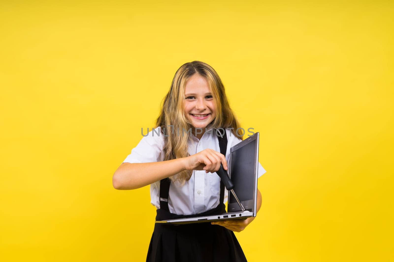 Funny little blonde kid girl 12-13 years old studio portrait. Childhood lifestyle concept. by Zelenin