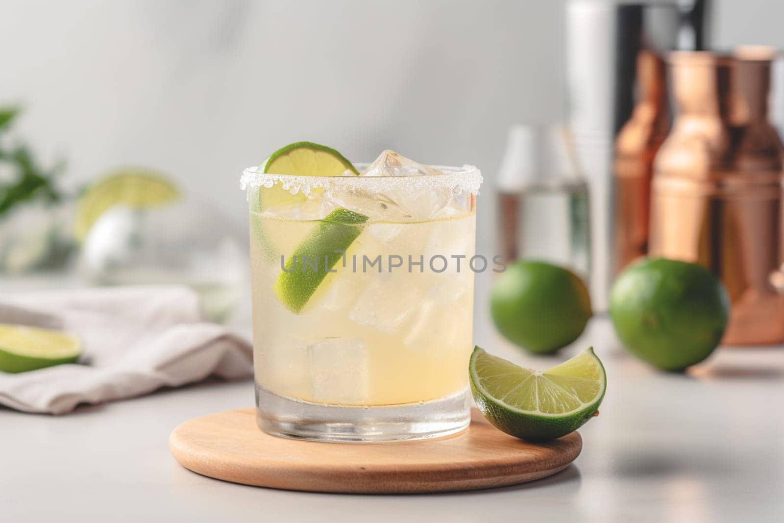 Refreshing classic Margarita cocktail with lime and mint on white table in white kitchen. Closeup photo with space for text.