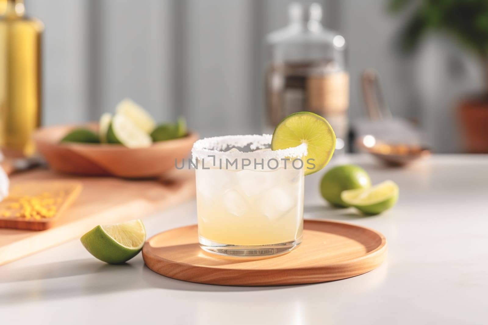 Refreshing classic Margarita cocktail with lime and mint on white table in white kitchen. Closeup photo with space for text.