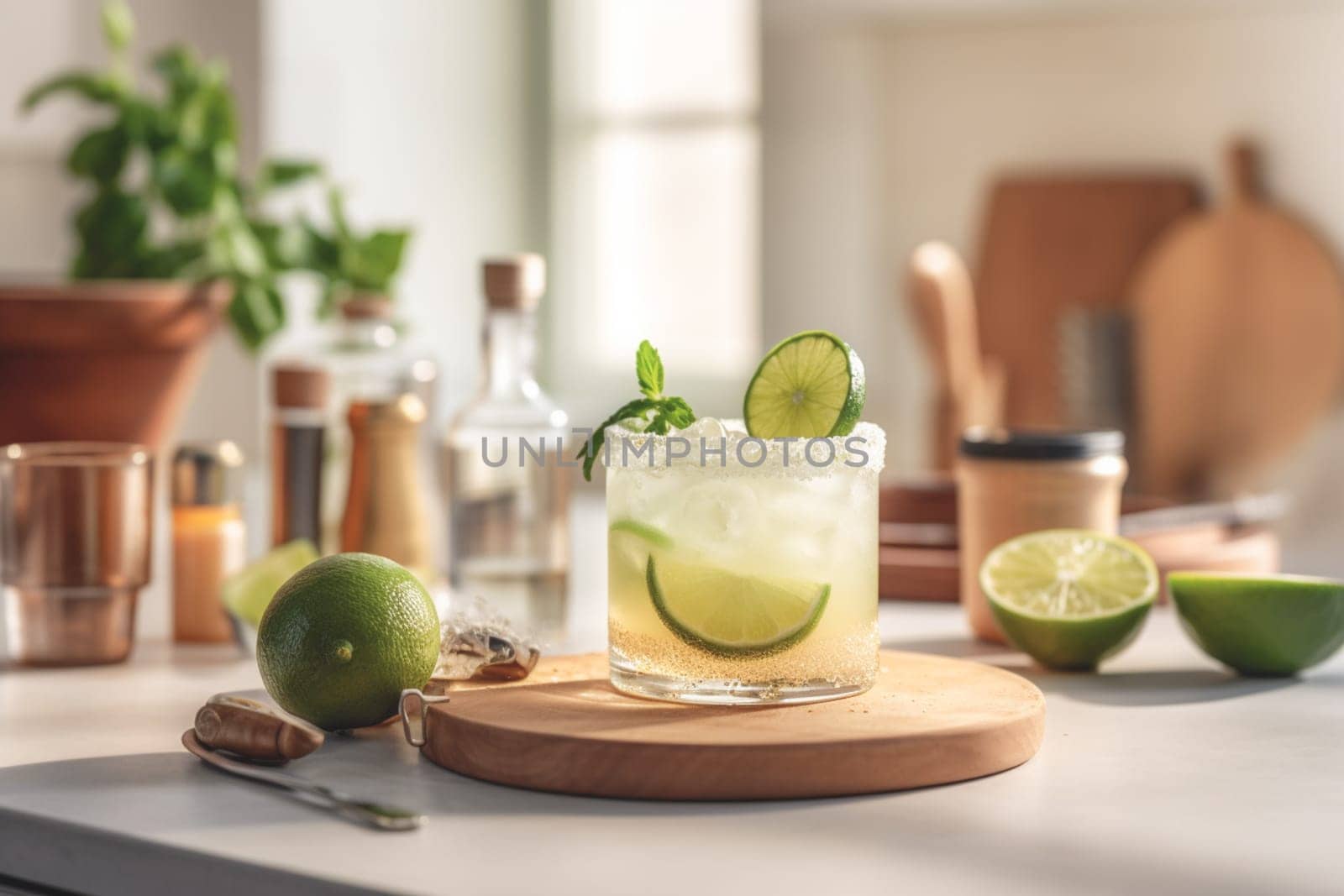 Refreshing classic Margarita cocktail with lime and mint on white table in white kitchen. Closeup photo with space for text.