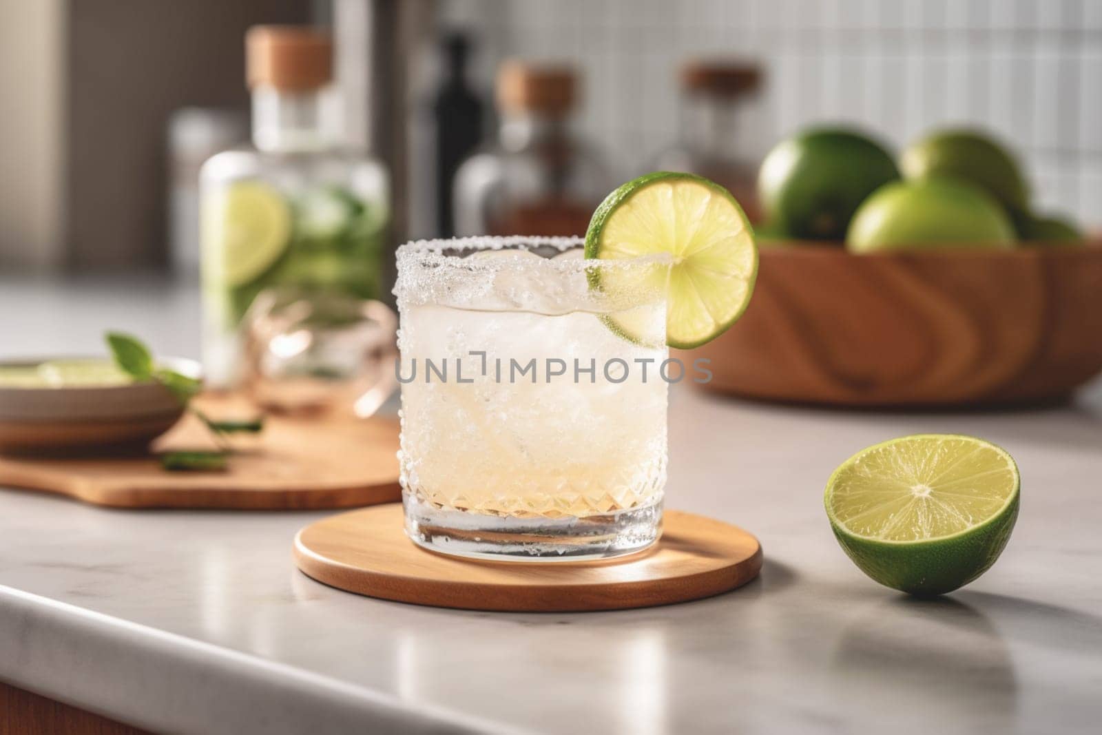 Refreshing classic Margarita cocktail with lime and mint on white table in white kitchen. Closeup photo with space for text.