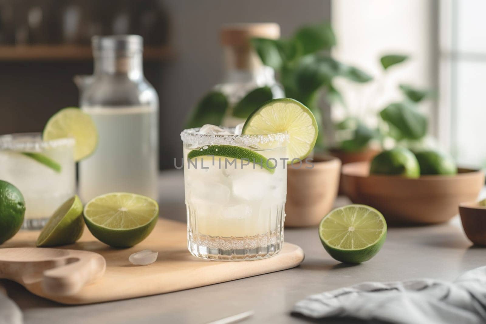 Refreshing classic Margarita cocktail with lime and mint on white table in white kitchen. Closeup photo with space for text.