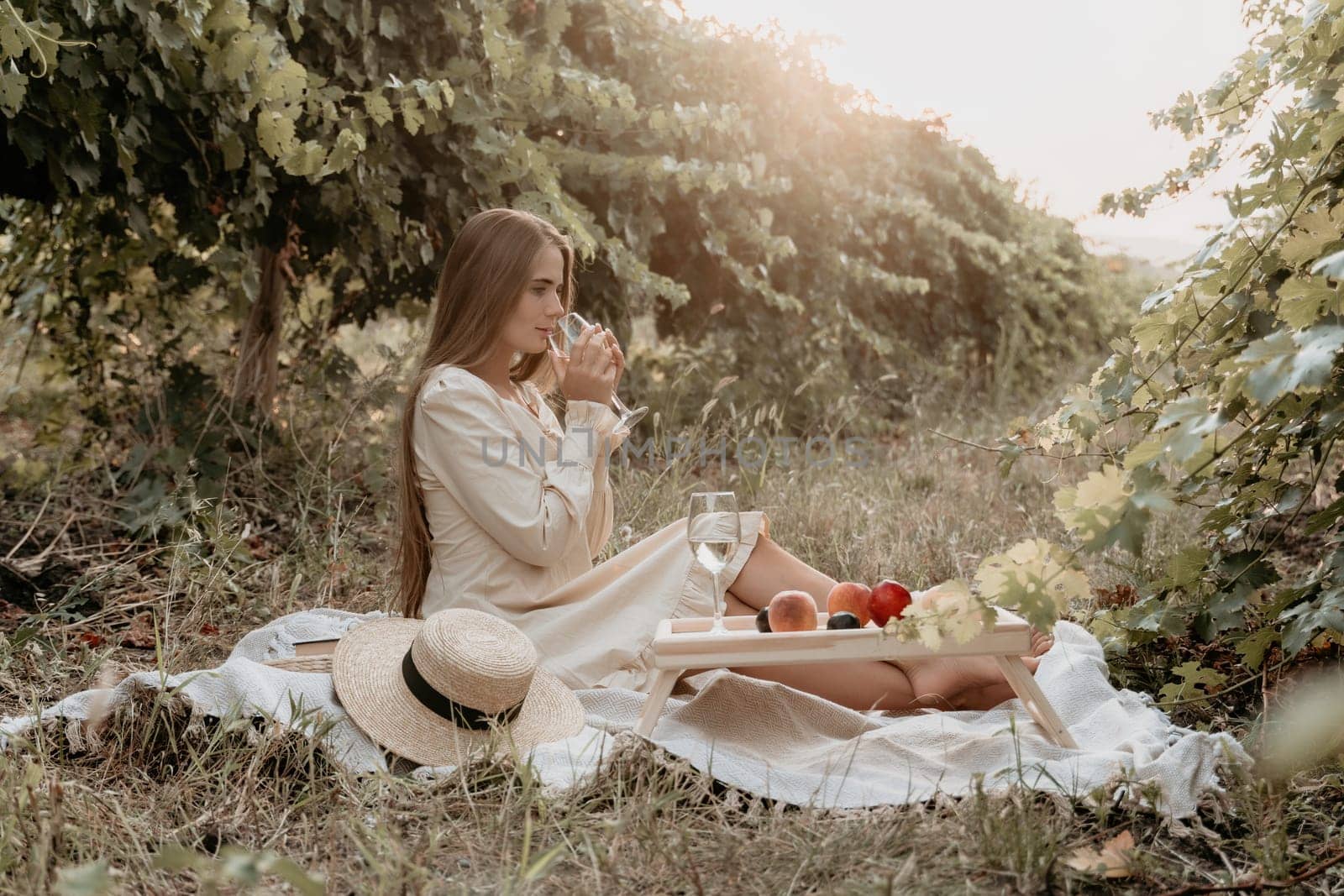 Picnic and wine tasting at sunset in the hills of Italy, Tuscany. Vineyards and open nature in the summer. Romantic dinner, fruit and wine.