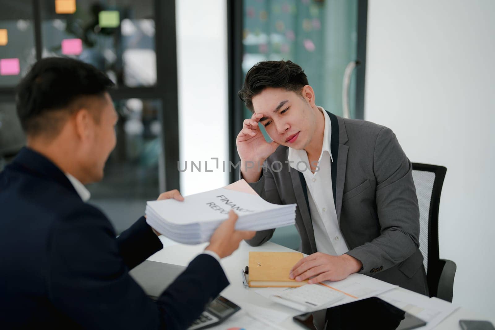 Burnout, stress and business man overworked from too much, work overload and pressure marketing corporate company. Time management, frustrated and tired employee. by Manastrong