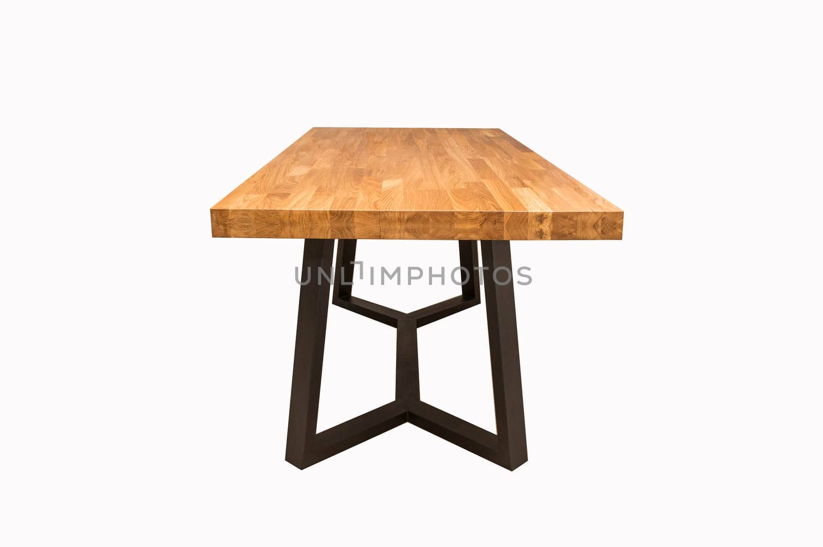 wooden lacquered table with black metal legs on white background.