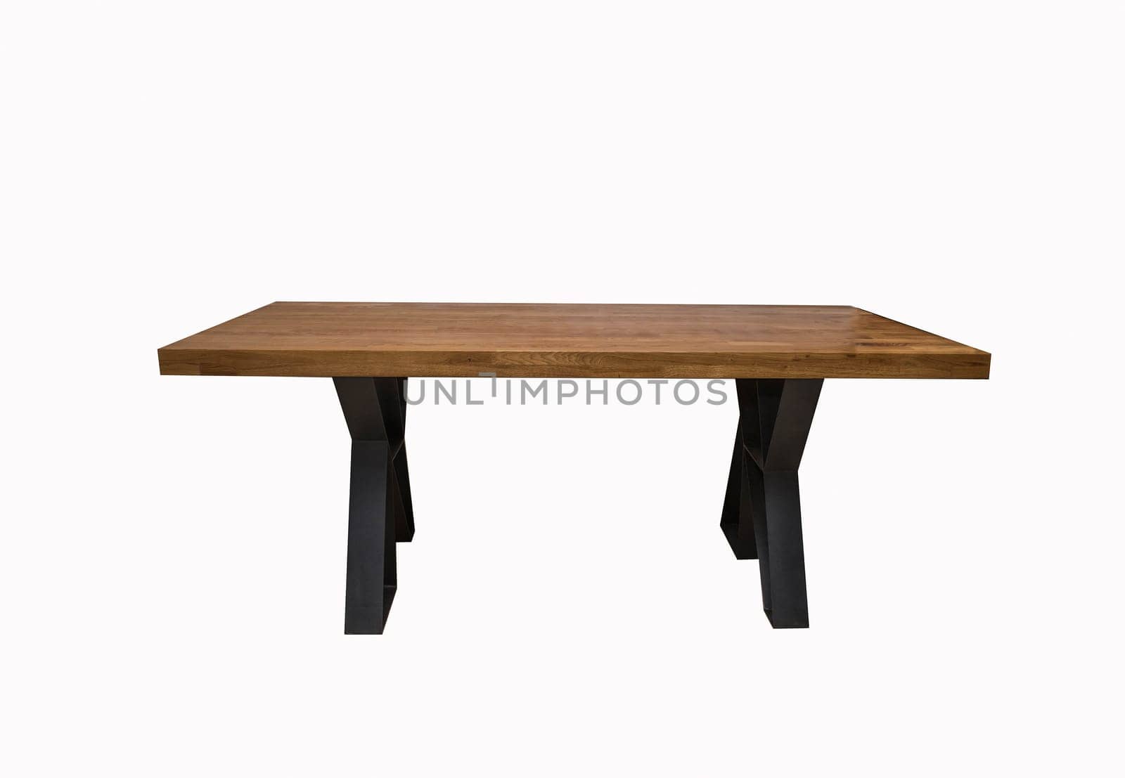 wooden lacquered table with black metal legs on white background .