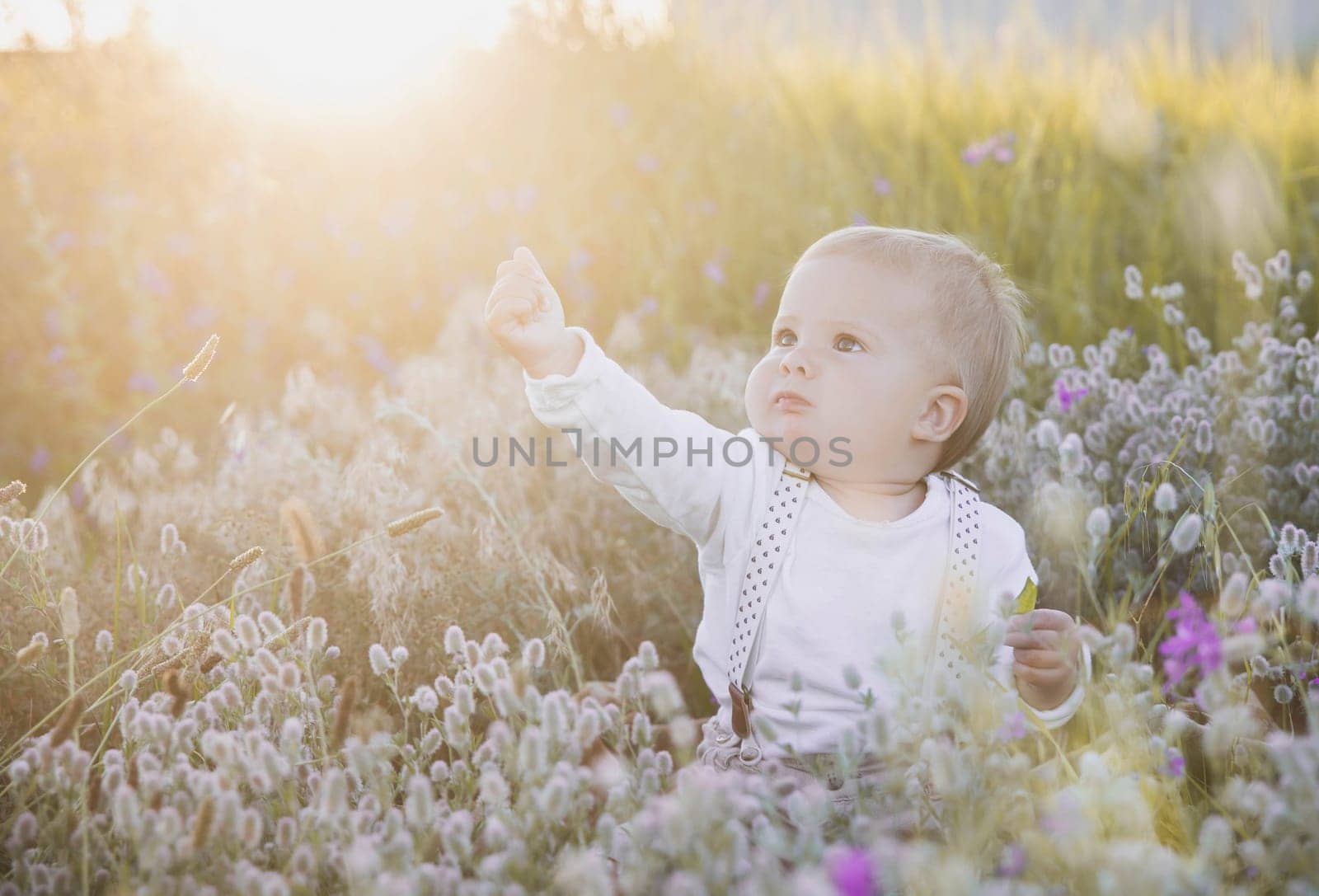 blond baby in cowboy costume in the field.