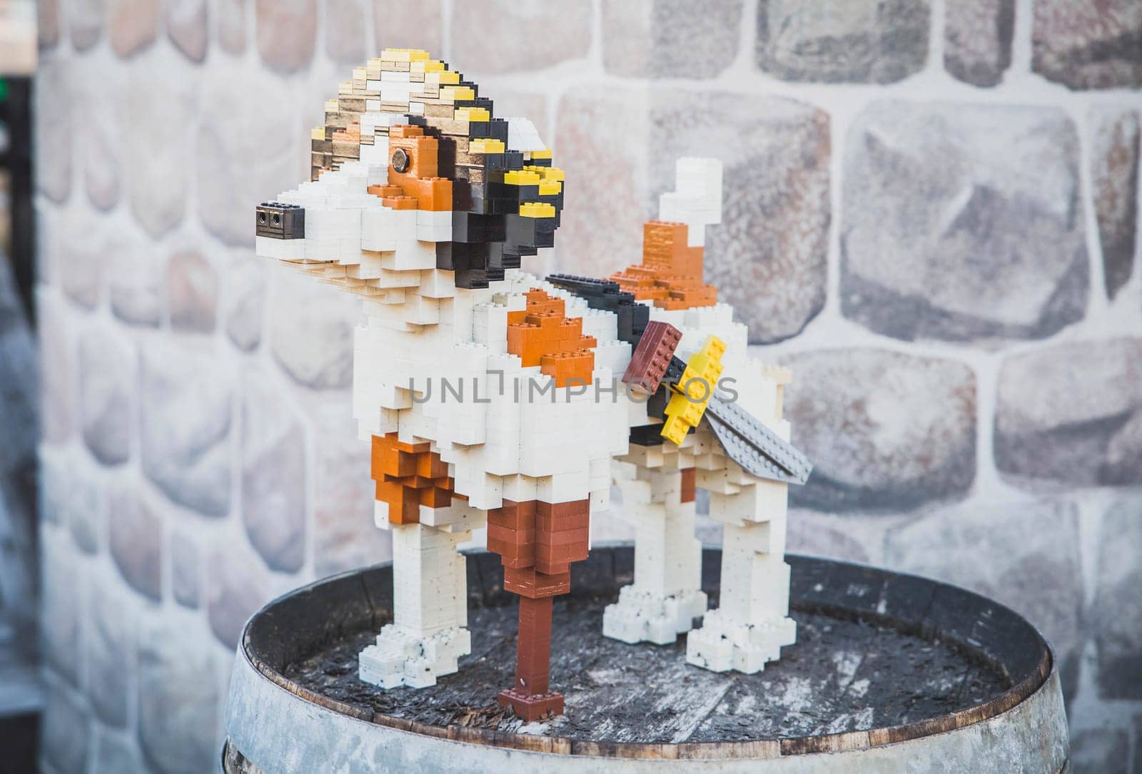 pirate dog with sword and prosthesis made from constructor stands on a barrel