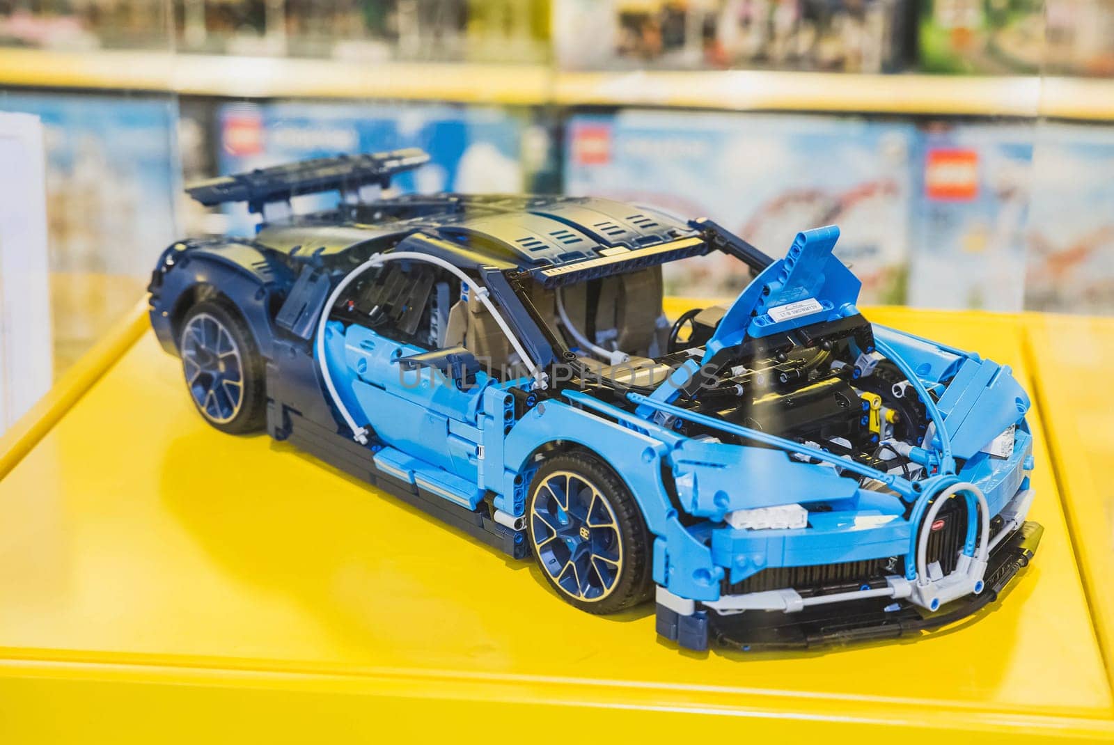 Billund, Denmark, July 2018: Racing toy car at the gift shop in Legoland