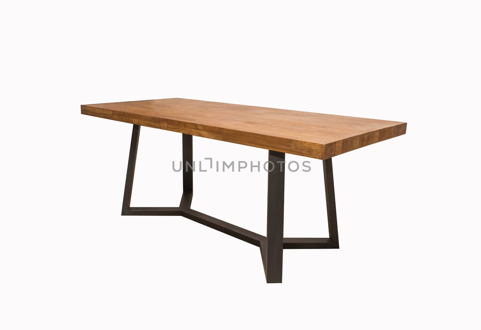 wooden table with black metal legs on white background at an angle of 45 degrees