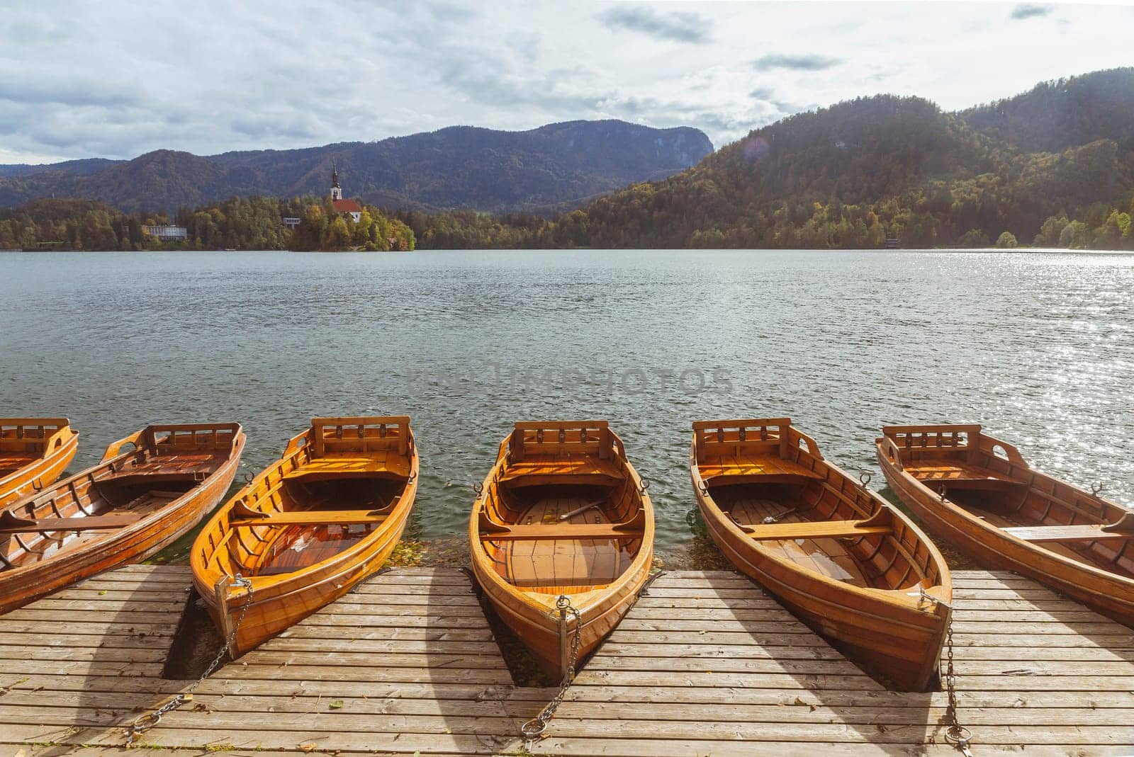 Wooden moored boats on Lake Blaysko in Slovenia.