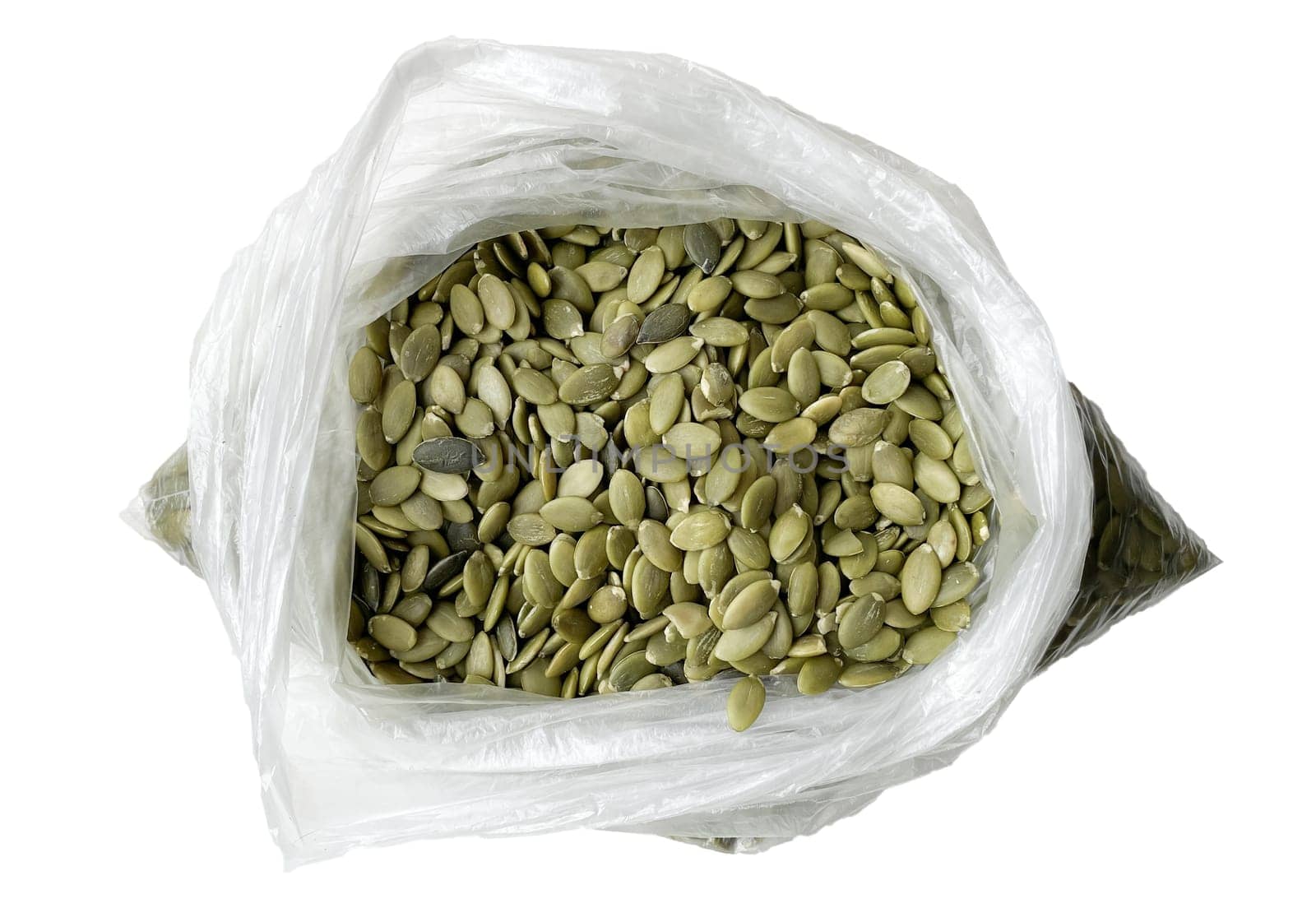 pumpkin seeds in a bag on a white background.