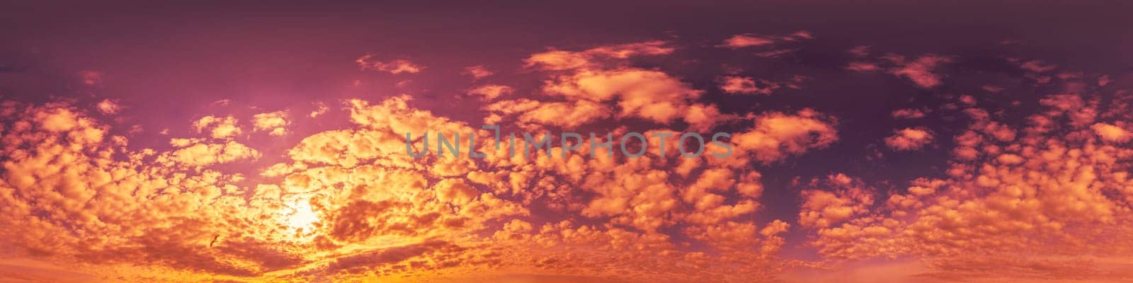 Blue magenta sky panorama with Cirrus clouds in Seamless spherical equirectangular format. Full zenith for use in 3D graphics, game and editing aerial drone 360 degree panoramas for sky replacement. by Matiunina