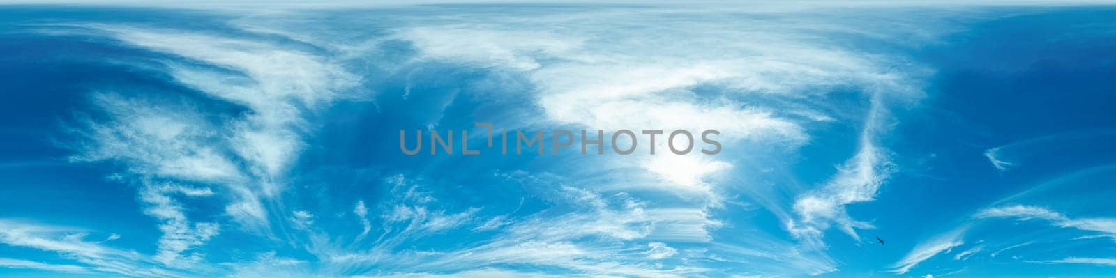sky panorama with bright glowing Cirrus clouds. HDR 360 seamless spherical panorama. Full zenith or sky dome for 3D visualization, sky replacement for aerial drone panoramas. by Matiunina