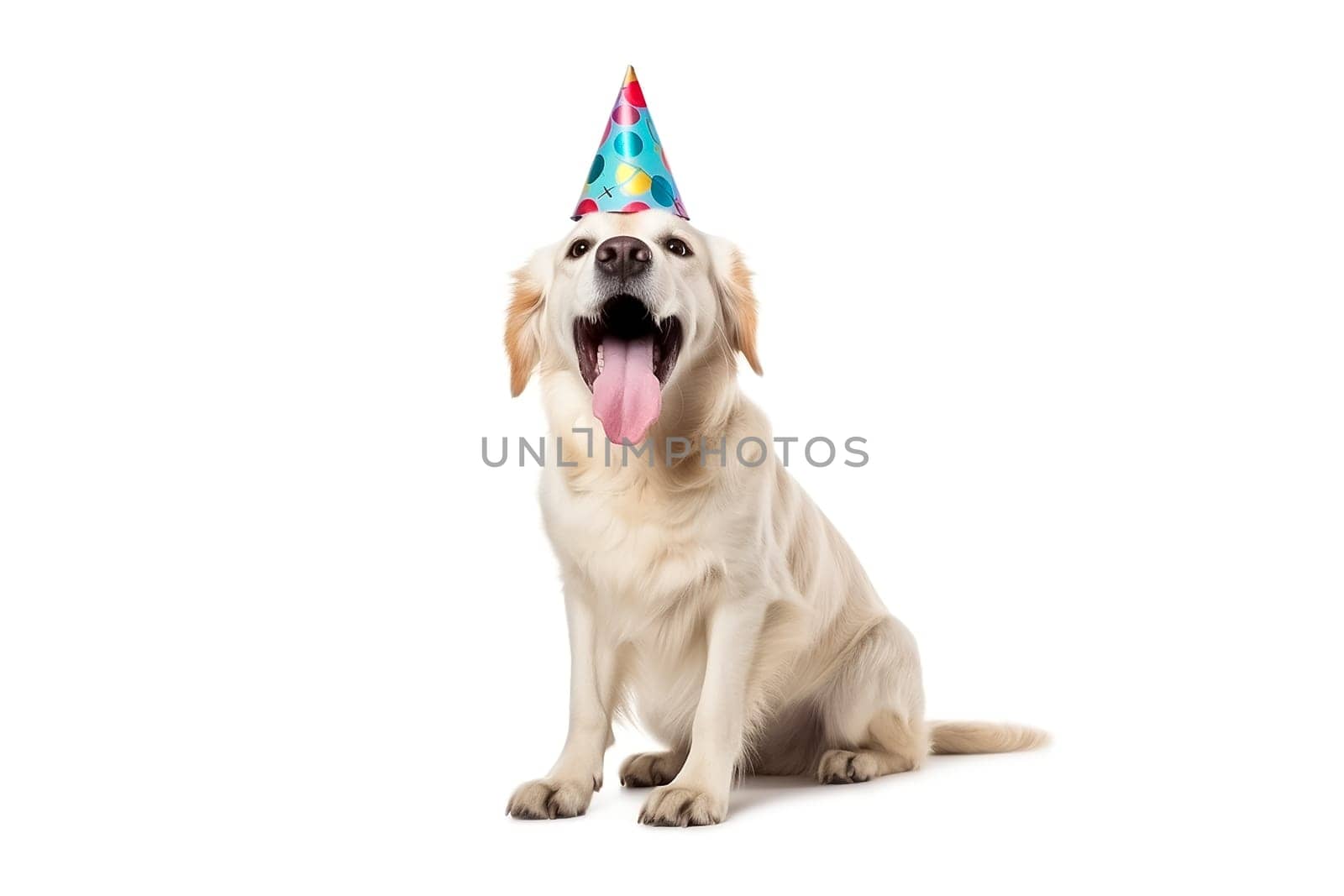 Portrait of Funny big golden retriever dog in birthday cap isolated on white background. Happy birthday concept.