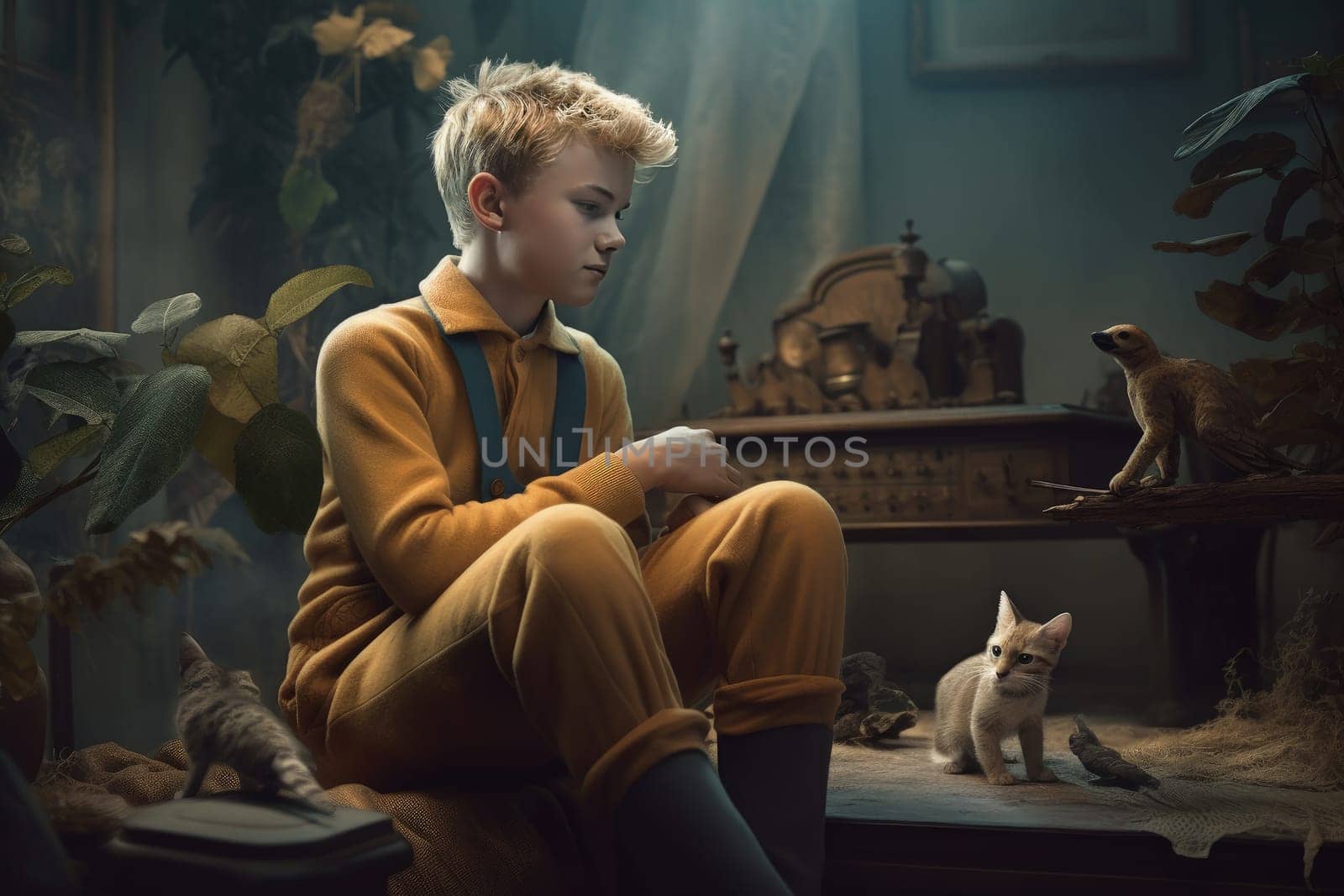 The Little Prince. Antoine Marie Roger de Saint Exupery. A timeless classic, a book, a story, for children and adults. Creative reproduction, young man, hero pilot.