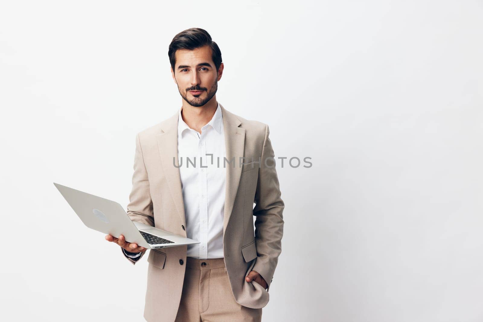 man smiling freelancer computer beige job laptop copyspace internet business suit by SHOTPRIME