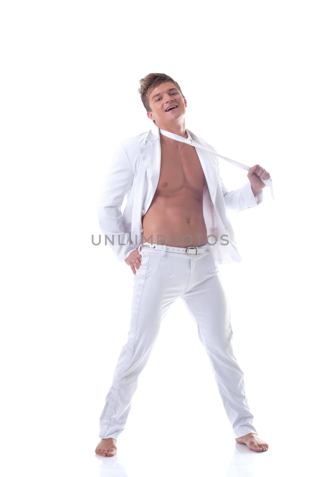 Image of hilarious muscular dancer isolated on white background