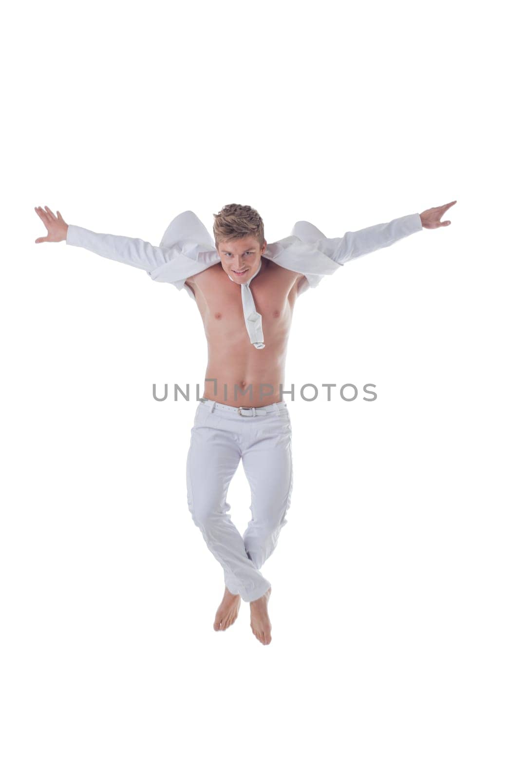 Image of handsome stylish man jumping isolated on white background