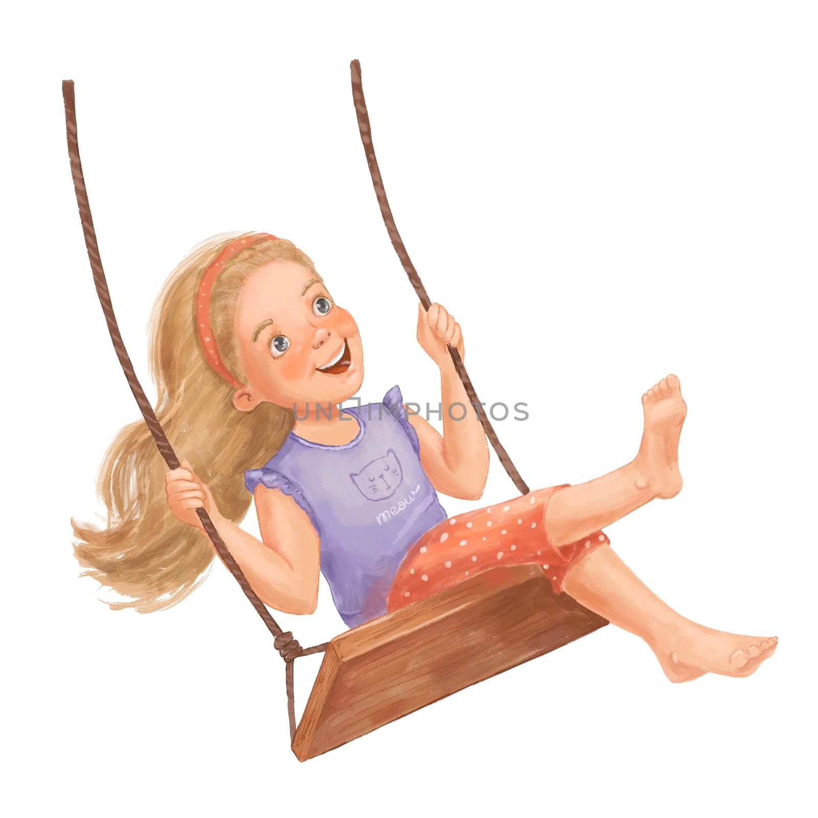 Cute long haired girl sitting on rope swing. Childish illustration isolated on white background
