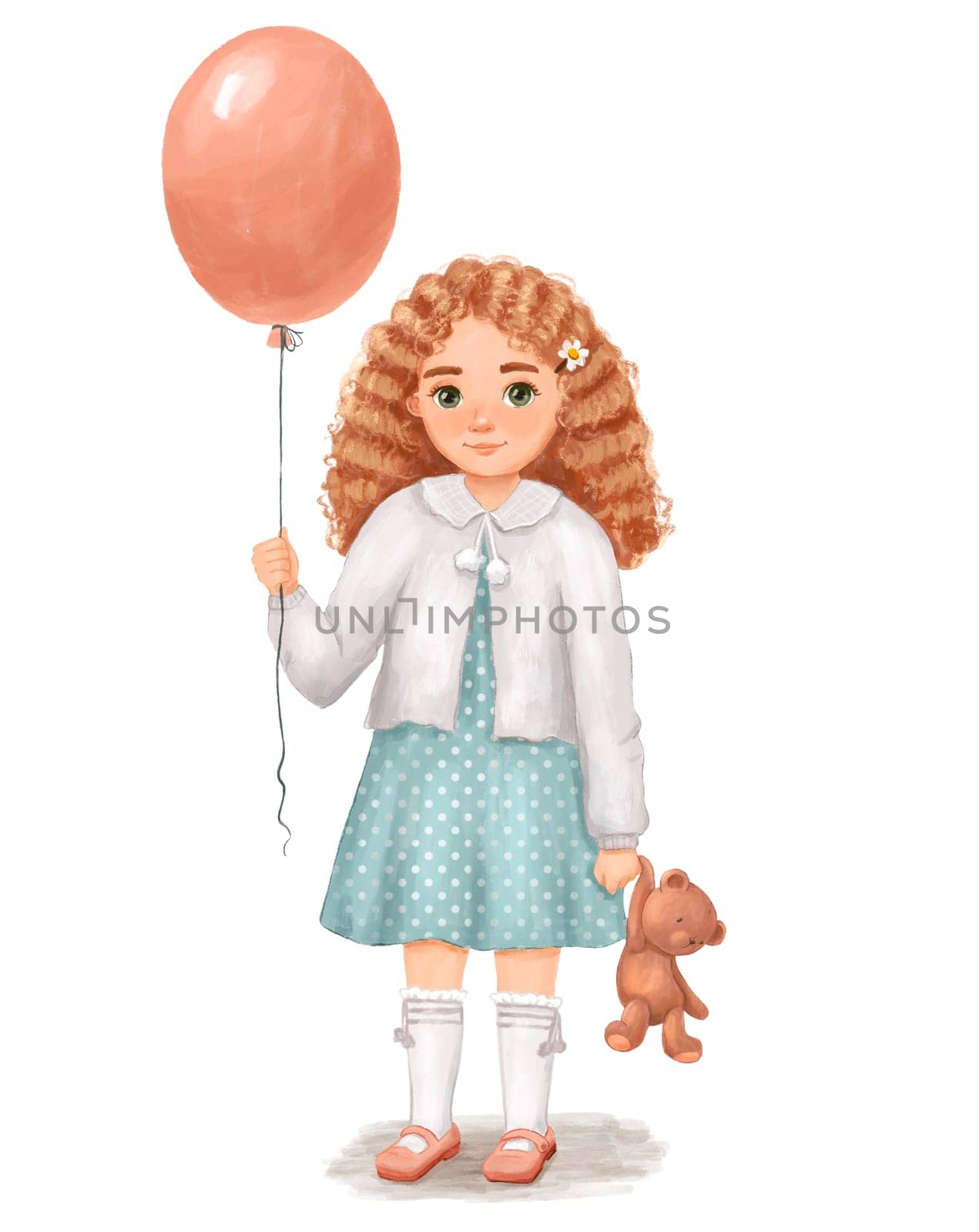 Watercolor girl with balloon and bear toy. Cute kid for isolated on white by ElenaPlatova