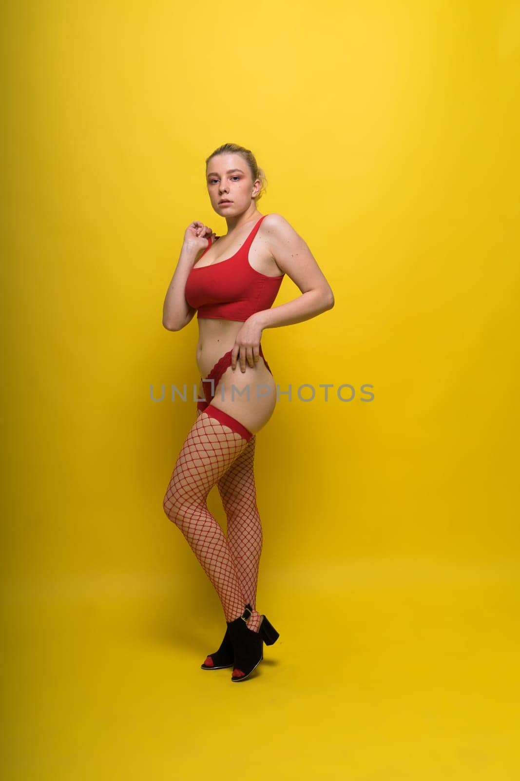 Studio portrait gorgeous young woman in lingerie, blonde beauty in professional makeup. by Zelenin