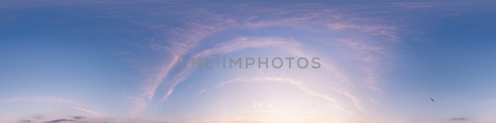 Sunset sky panorama with bright glowing pink Cirrus clouds. HDR 360 seamless spherical panorama. Full zenith or sky dome for 3D visualization, sky replacement for aerial drone panoramas. by Matiunina