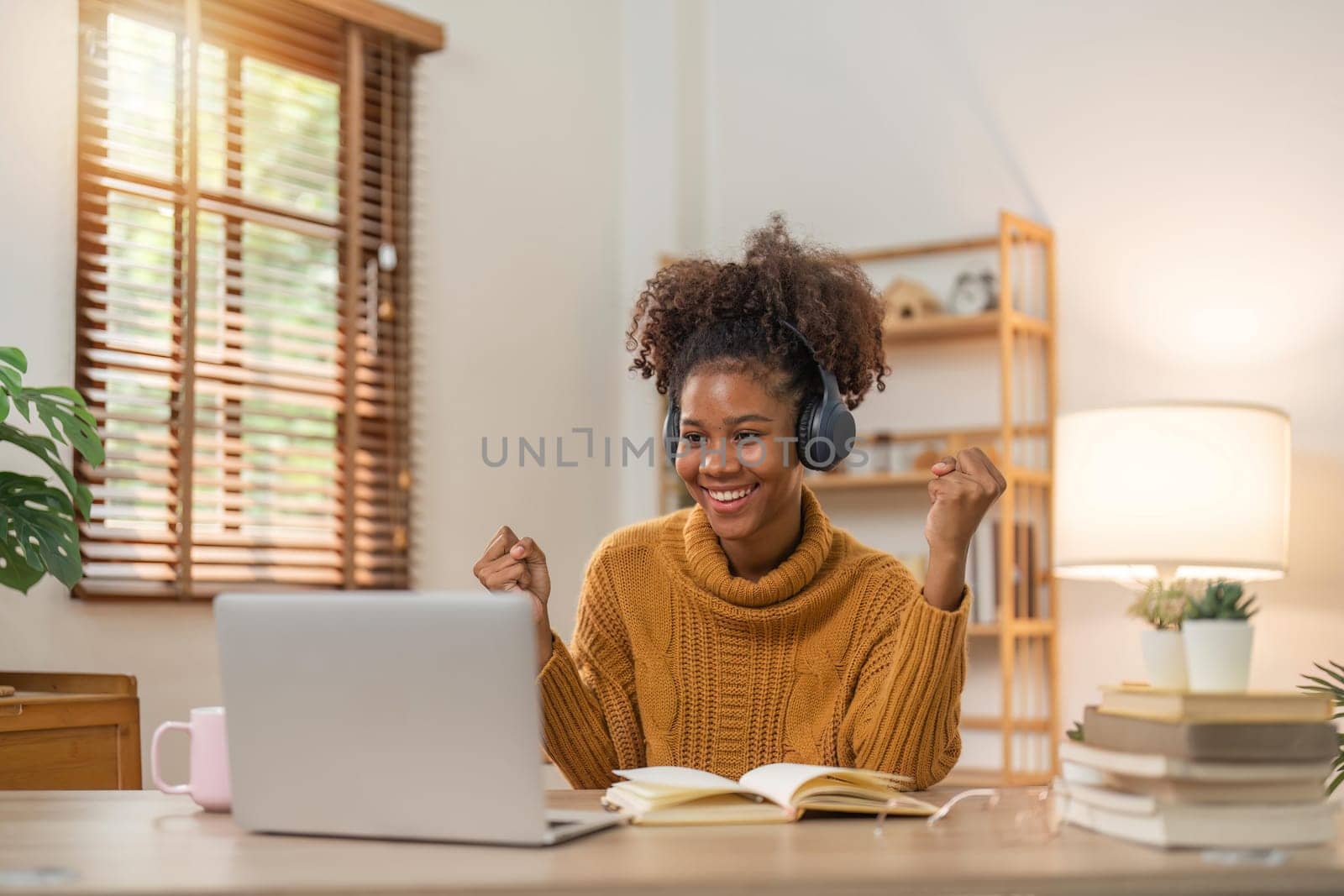 Euphoric woman watching a laptop get good news at home.