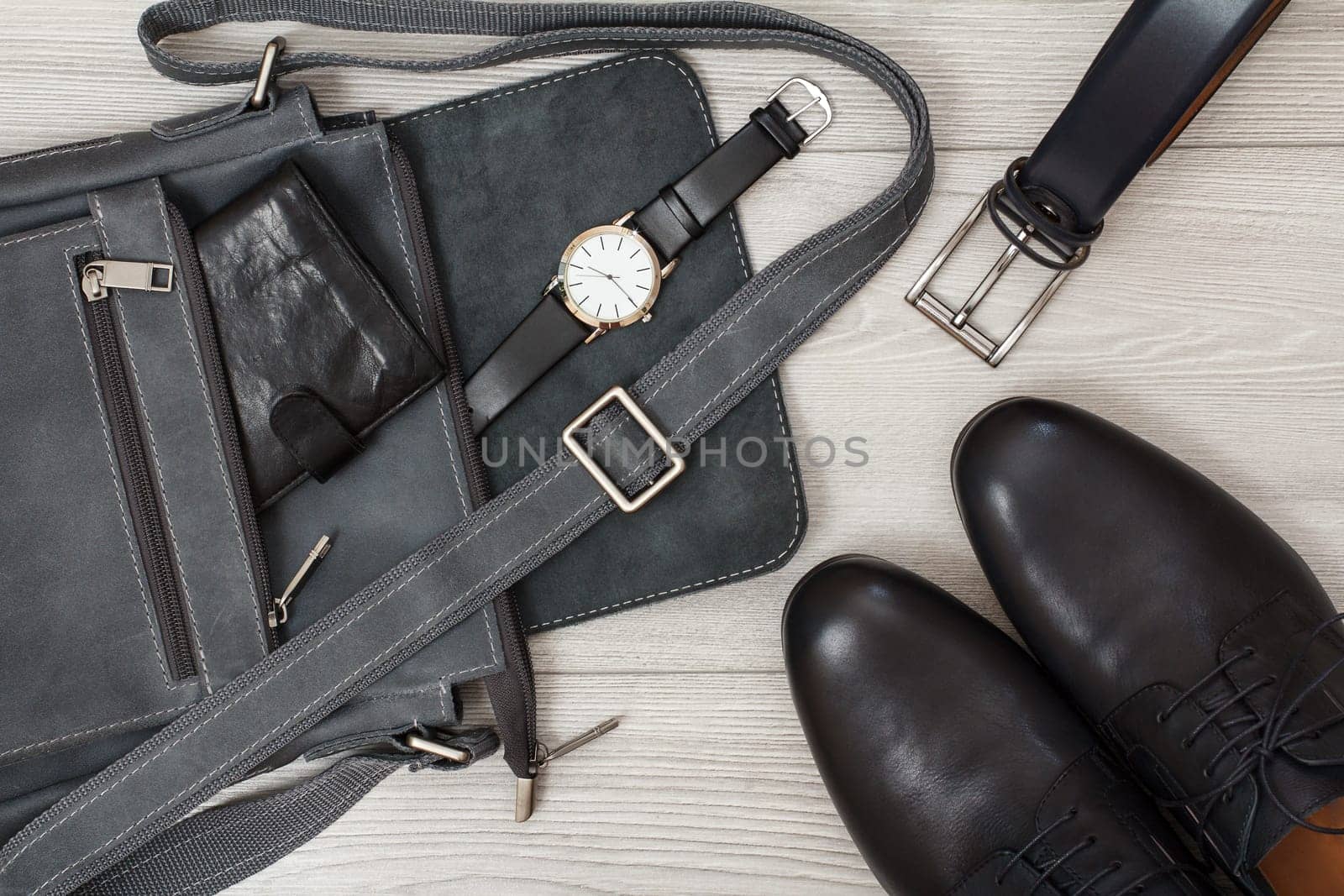 Leather shoulder bag for men with black leather men's shoes and accessories. by mvg6894