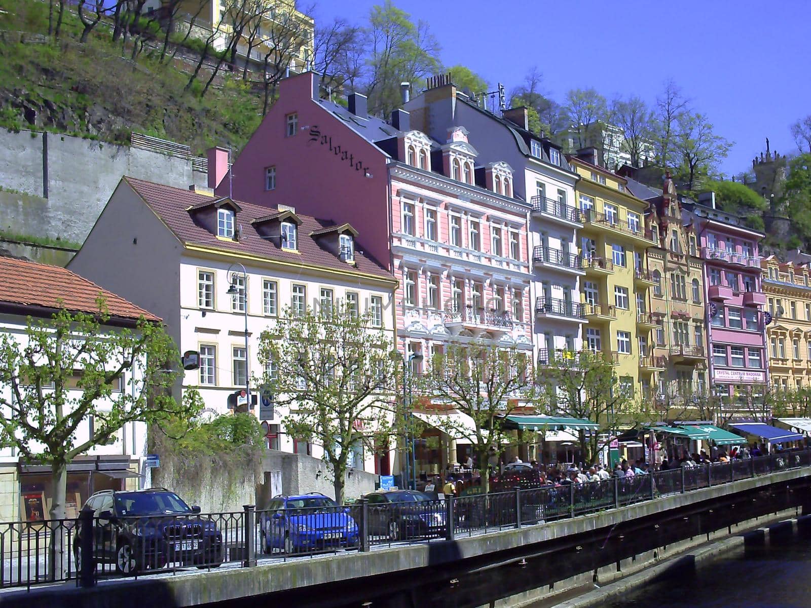 Houses in city center of Karlovy Vary. Beautiful buildings from traditional town of Karlovy Vary, Czech Republic
