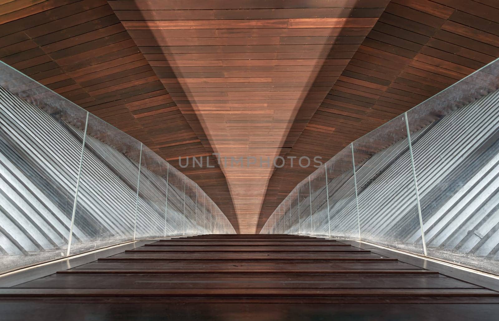 Nakhonsawan, Thailand - Apr 23, 2023 - The Interior Design Art Architecture name is PA SAN or Pasan Wooden Bridge, The memorial building landmark architecture for the origin of Chao Phraya River at Pak Nam Pho Located at the cape of Yom Island The confluence of the Ping and Nan rivers. Selective focus.