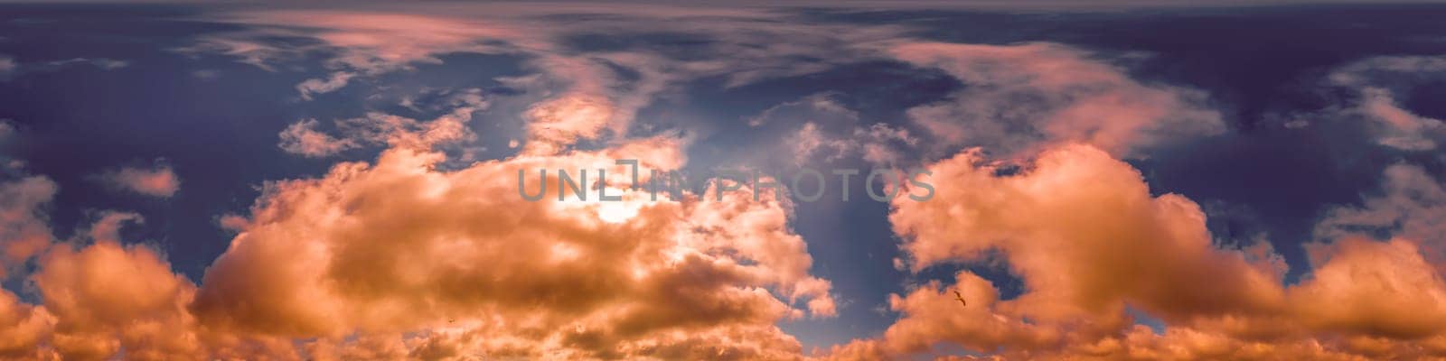 Blue Orange sky panorama with Cirrus clouds in Seamless spherical equirectangular format. Full zenith for use in 3D graphics, game and editing aerial drone 360 degree panoramas for sky replacement. by Matiunina