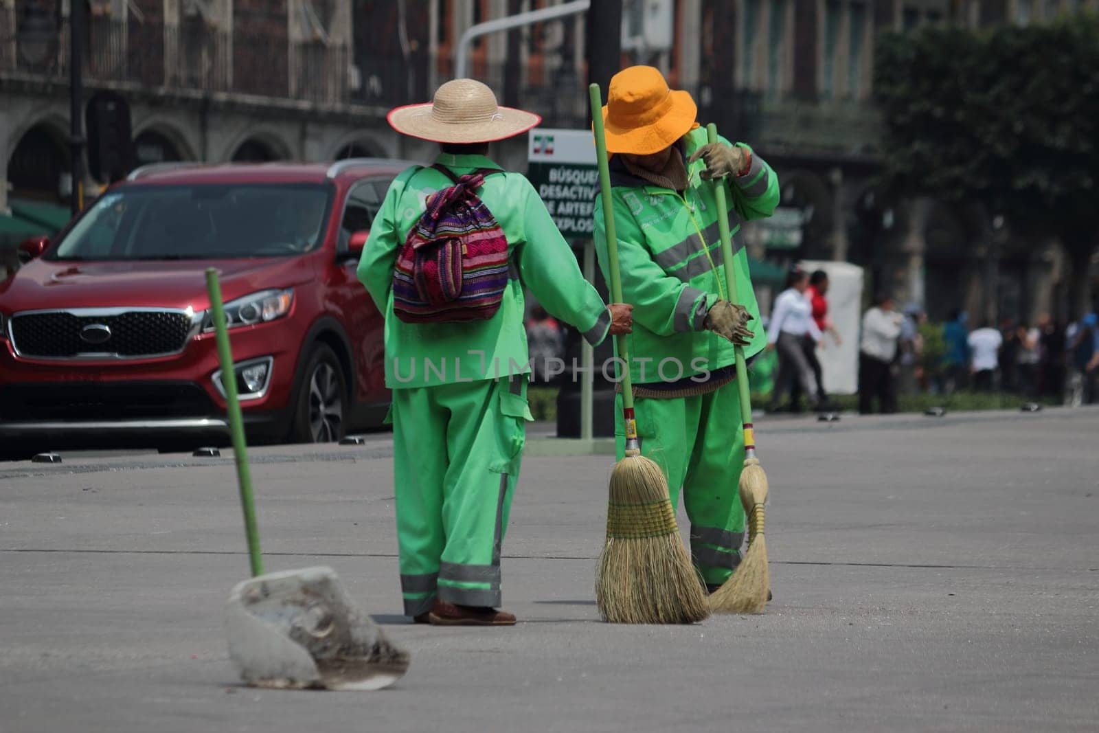 Mexico City Mexico - October 2019 Street sweeper during his work day in the pinth of the city. Mexicans do not have a culture of cleaning and this job may be very hard in big cities like this.