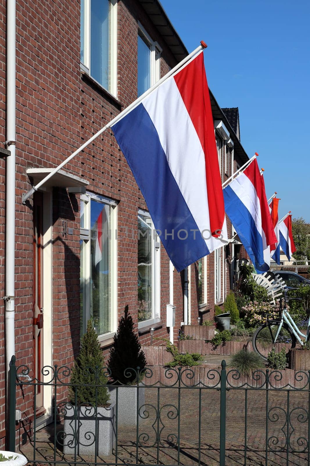 Regular Dutch street houses with waving national flag and orange streamer. Koningsdag (Kingsday) and Bevrijdingsdag (Liberation Day), Netherlands.