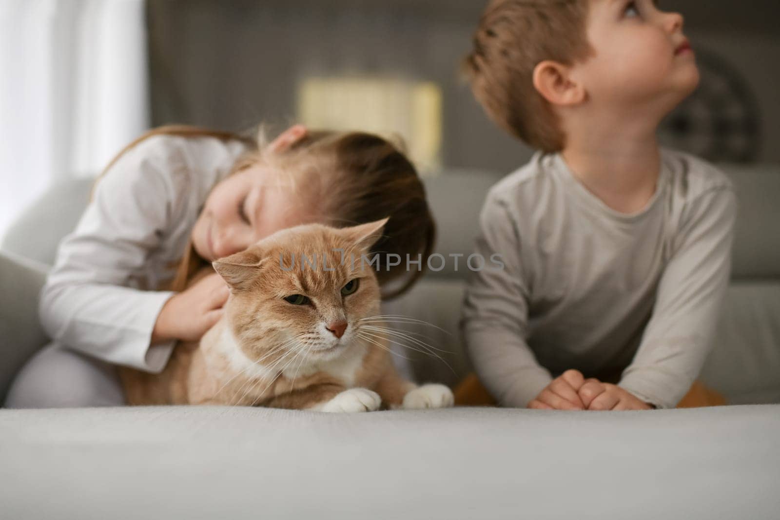 Brother and sister hugging a ginger cat