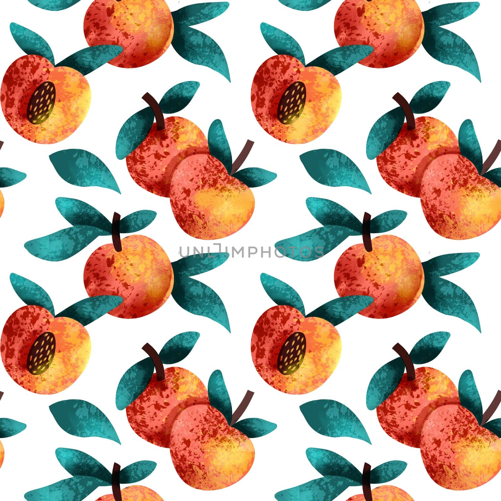 seamless pattern with peach fruits. Hand-drawn textured pattern with peaches