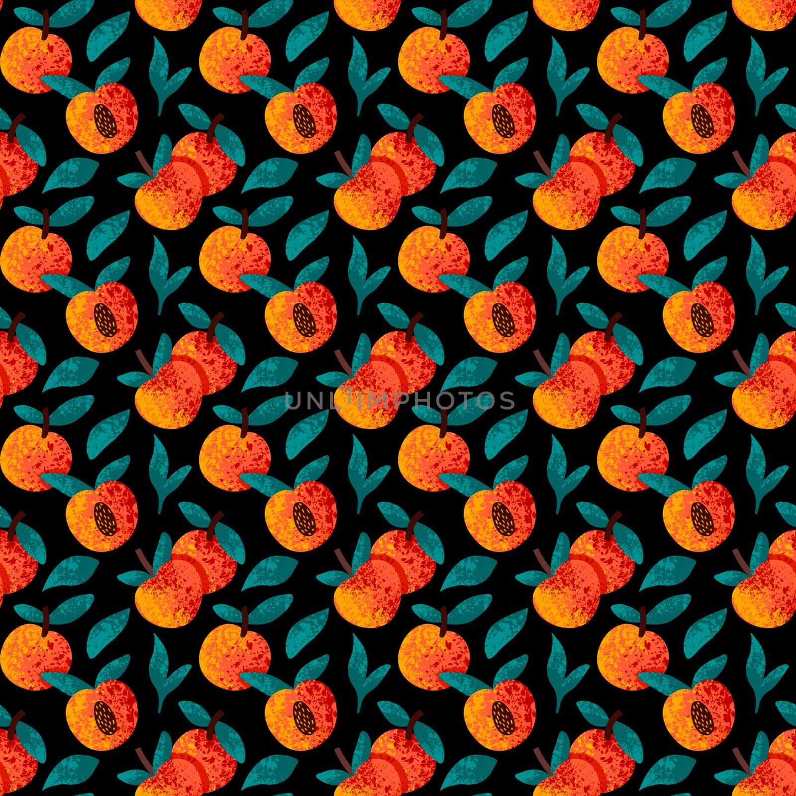 seamless pattern with peach on a back background. Hand-drawn textured pattern with peaches