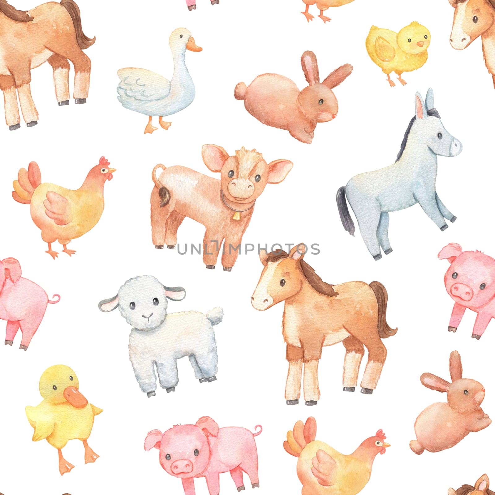 Watercolor seamless pattern with farm animals on white. Cute donkey, chick and horse. by ElenaPlatova