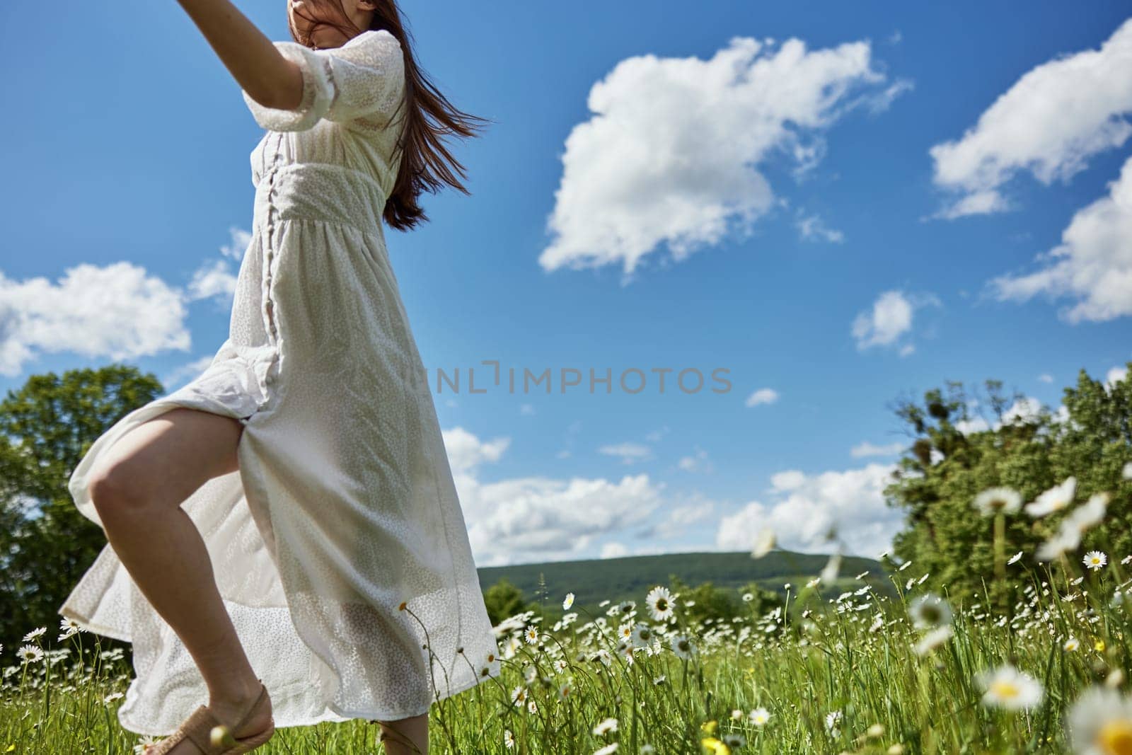 a woman in a light dress, in a chamomile field against the blue sky, runs away from the frame. Photo without a face by Vichizh