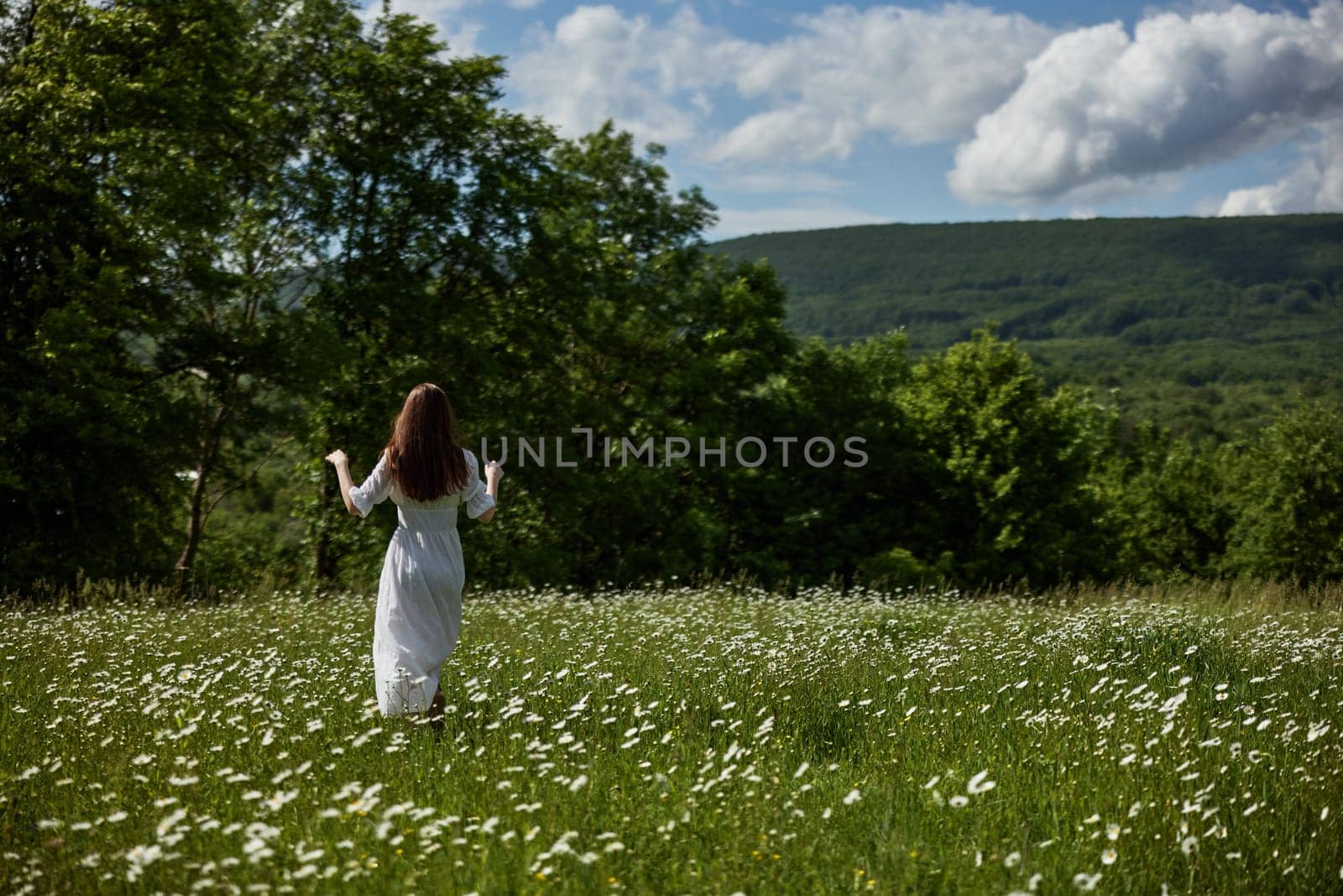 a woman in a light dress stands far away in a field of daisies with her back to the camera raising her hands to the sky by Vichizh