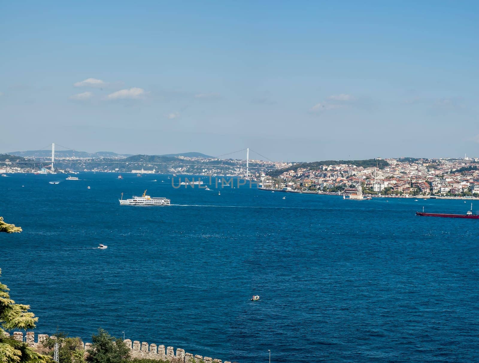 Panoramic view of the Bosphorus. The strait that connects the Black Sea to the Sea of Marmara and marks the boundary between the Europe and the Asia
