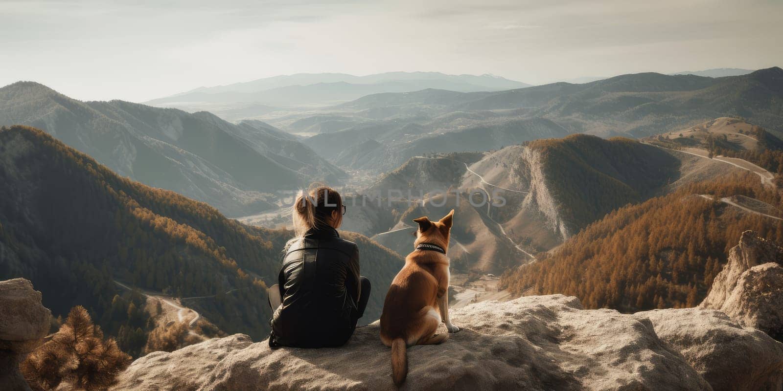 Young beautiful woman enjoy view with her dog during hiking trip in the mountain by biancoblue