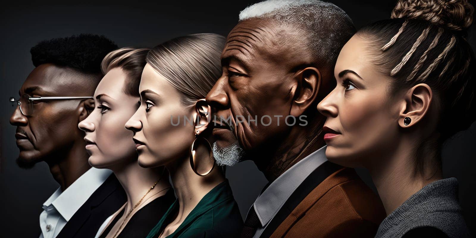 Face portrait of diverse people together looking straight. Multiracial concept. distinct generative AI image.