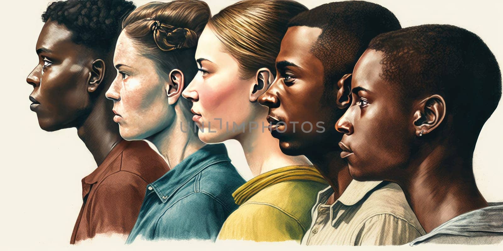 Face portrait of diverse people together looking straight. Multiracial concept by biancoblue