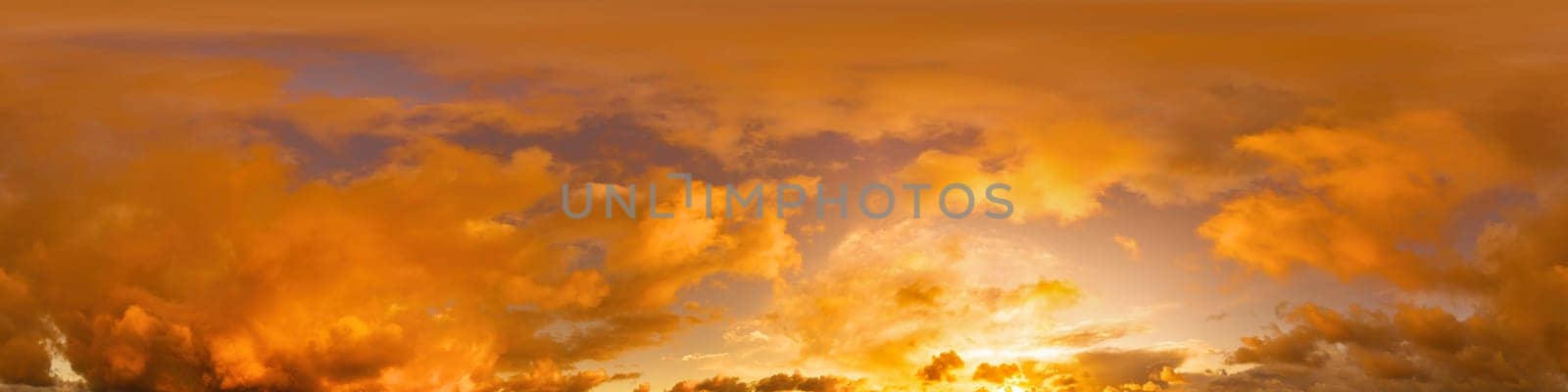 Sunset sky panorama with dramatic bright glowing pink Cumulus clouds. HDR 360 seamless spherical panorama. Full zenith or sky dome for 3D visualization, sky replacement for aerial drone panoramas. by Matiunina