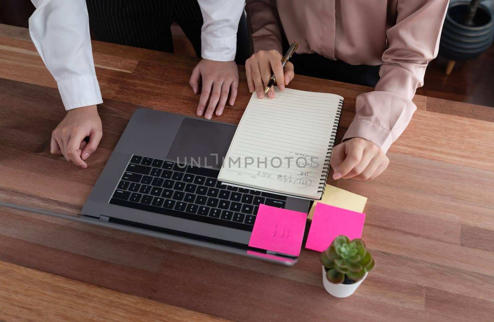 Two office lady colleague collaborating in modern office workspace, engaging in discussion and working together on laptop, writing post note as professional and modern office worker. Enthusiastic